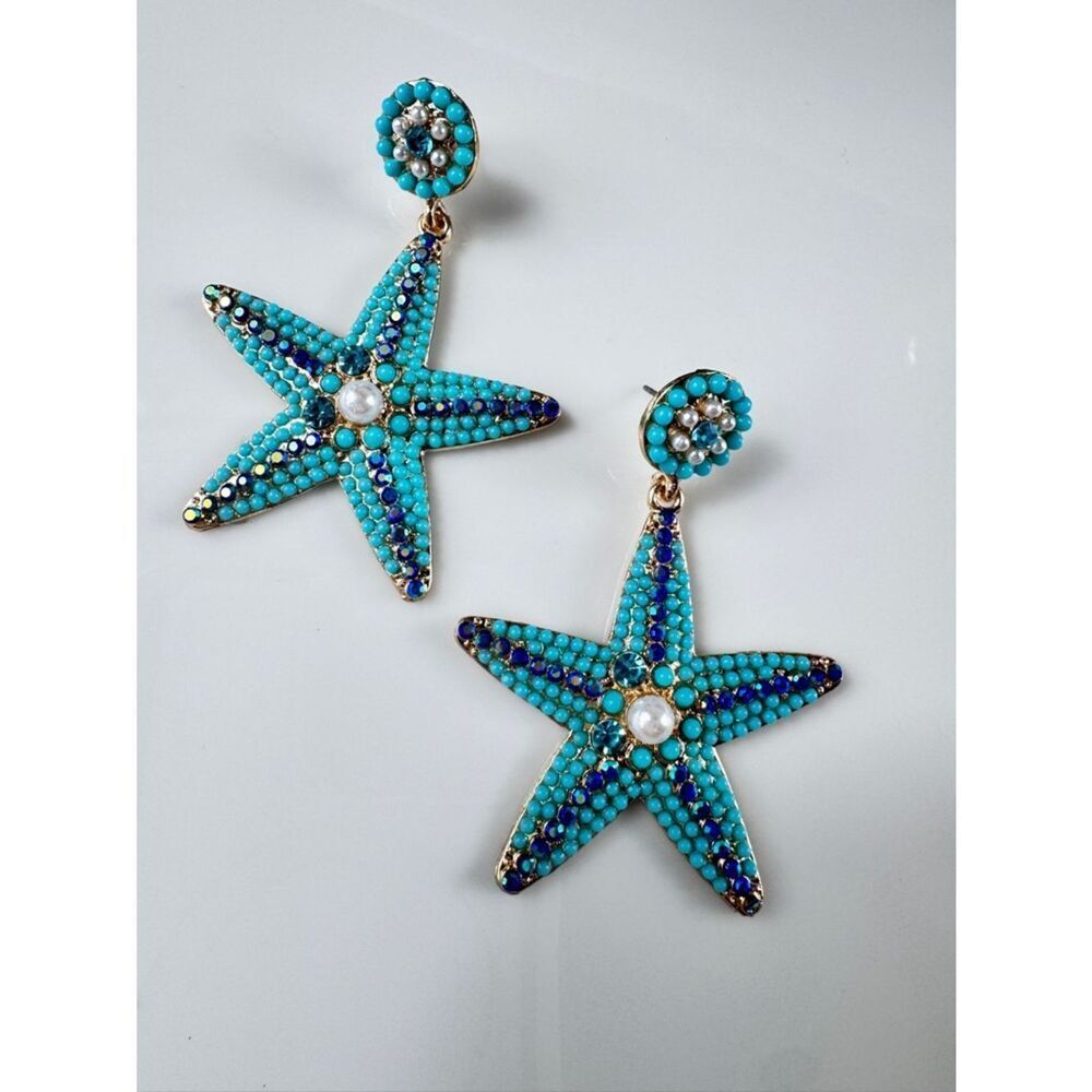 Zara Turquoise Starfish Drop Earrings - Blue Crystal & Pearl Accent